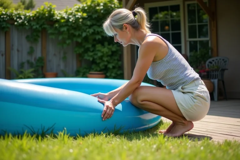 Femme redressant le mur affaissé d'une piscine autoportée gonflable dans un jardin résidentiel ensoleillé