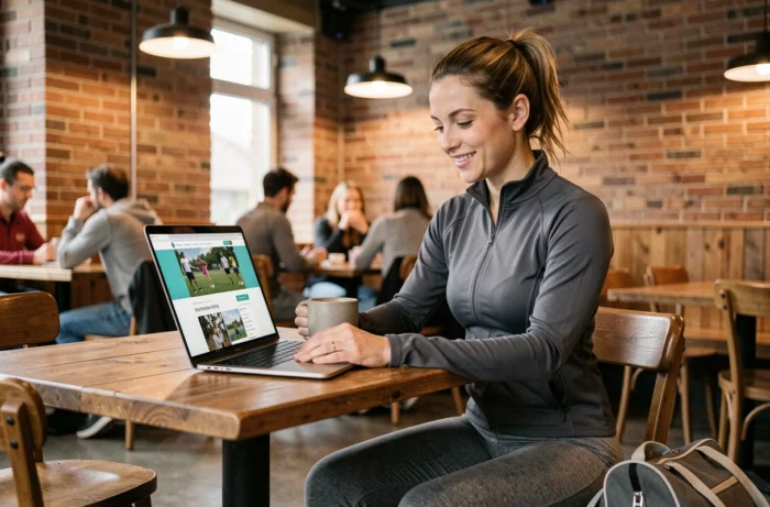 Femme sportive consultant un site de rencontre pour trouver des partenaires de sport depuis un café avec son ordinateur portable