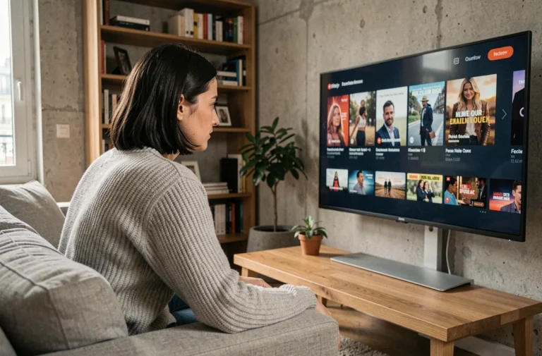Femme regardant un service de streaming français sur son téléviseur dans un appartement parisien moderne