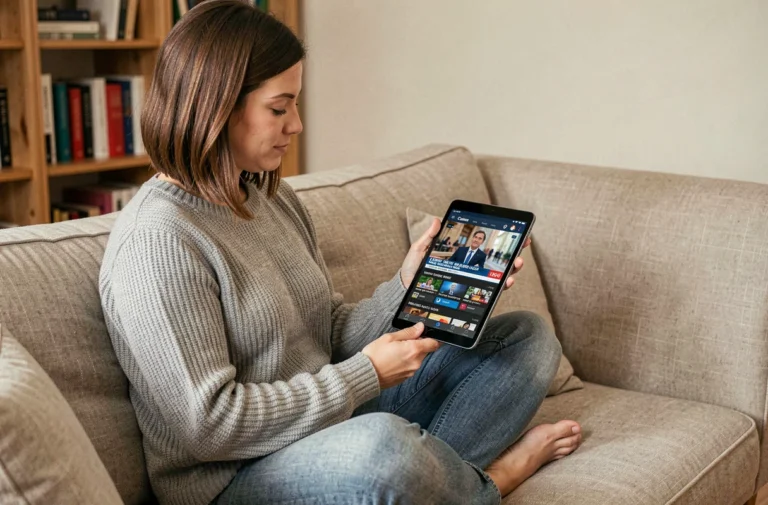 Femme regardant la TNT en streaming sur une tablette Android depuis son salon