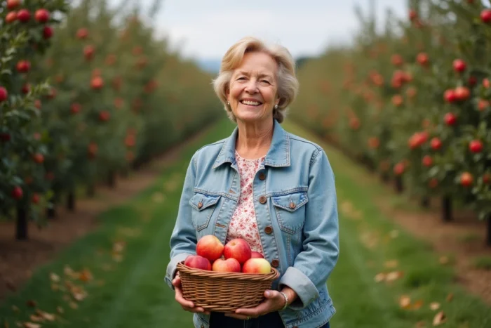 Femme récoltant des pommes dans un verger en automne, reflet d'une vie simple et authentique à la ferme de la famille Roloff