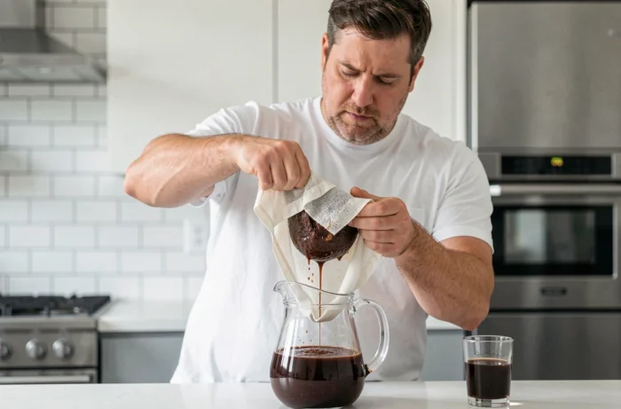 Homme filtrant la pulpe de noni fermentée à travers une étamine pour extraire le jus de noni maison dans une cuisine moderne