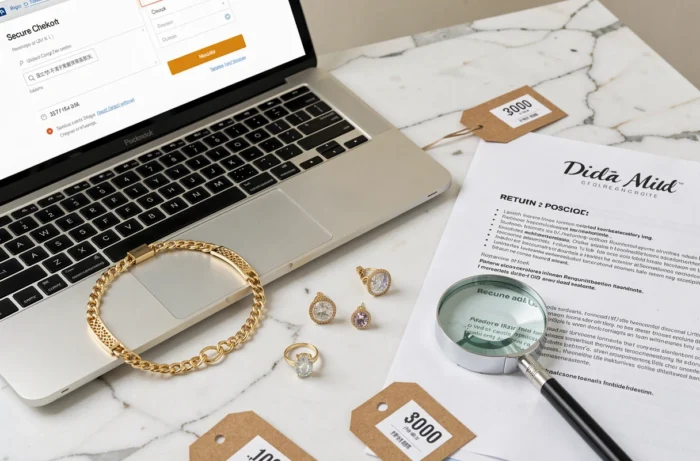 Vue de dessus de bijoux en ligne disposés sur un bureau avec un ordinateur montrant une page de paiement sécurisé et une politique de retour