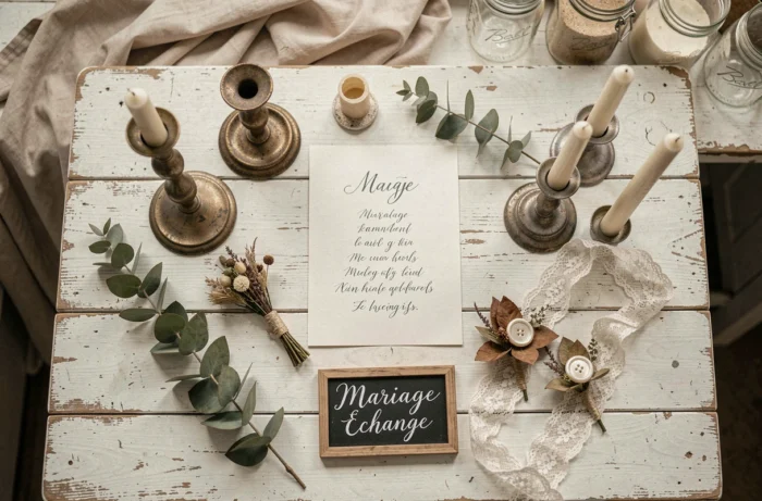 Flat lay de décorations de mariage vintage et de seconde main pour un mariage économique et éco-responsable