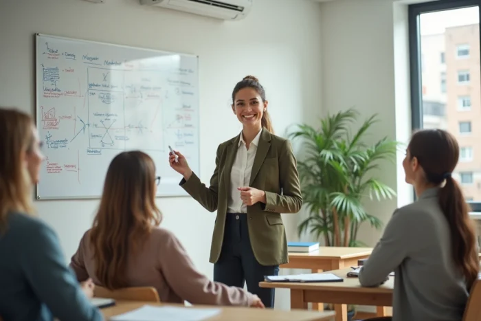 Formatrice dynamique animant un atelier de formation professionnelle devant un groupe d'adultes, mettant en valeur les méthodes pédagogiques de Professeur Debbie
