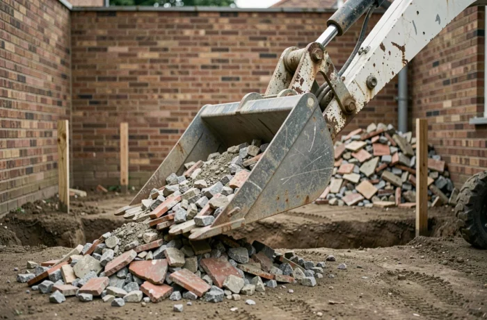 Godet de machine de chantier soulevant des gravats lors du décaissement d'une terrasse urbaine