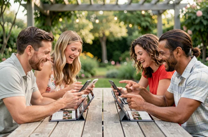 Groupe d'amis consultant un album photo partagé après un événement festif autour d'une table en terrasse
