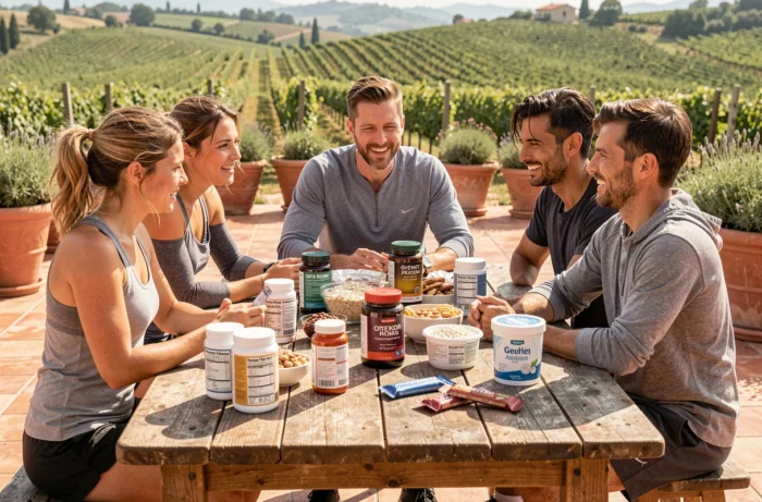 Groupe d'athlètes analysant des produits nutritifs et des compléments sportifs lors d'un stage de nutrition en plein air