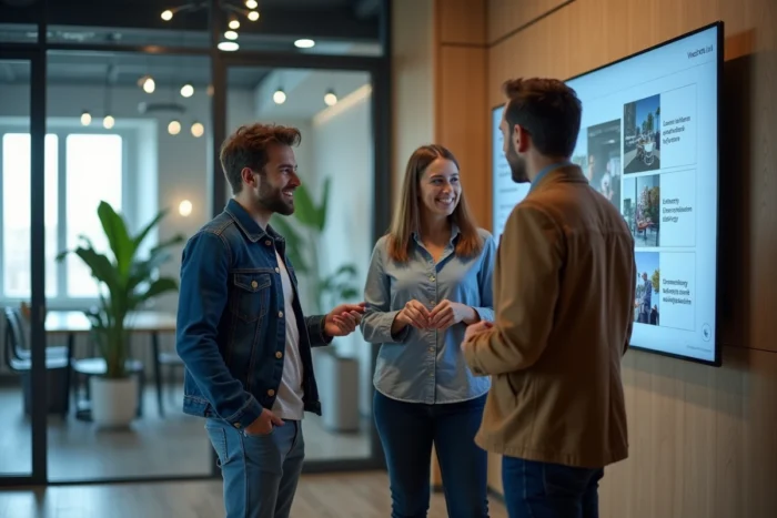 Groupe de professionnels français explorant ensemble une plateforme numérique d'actualités innovantes dans un bureau de startup moderne