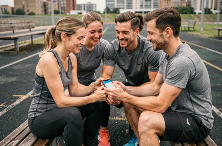 Groupe de sportifs regardant ensemble un site de rencontre sportif sur smartphone après une séance de running en extérieur