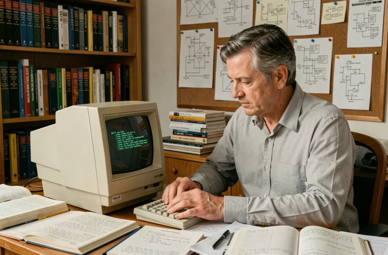 Un homme d'âge mûr examine un ancien ordinateur des années 1980 dans un bureau rempli de livres informatiques, évoquant l'histoire de l'informatique
