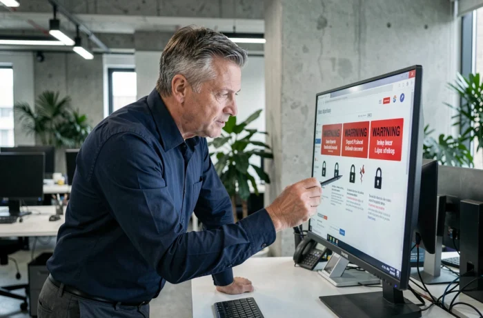 Homme en bureau d'entreprise analysant les signes d'alerte d'un site web non sécurisé sur un grand écran