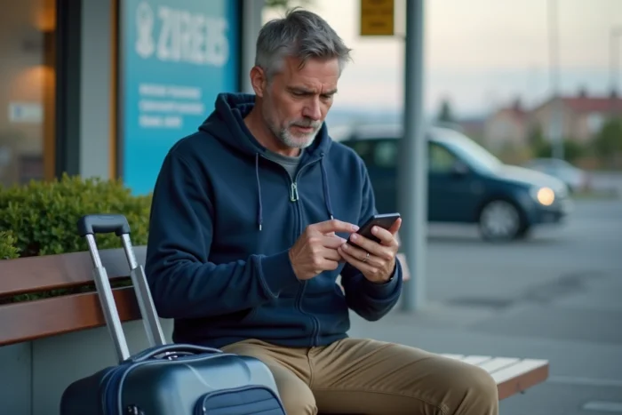 Homme consultant l'application Blablacar sur son téléphone à un point de rencontre de covoiturage