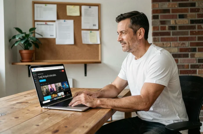 Homme utilisant une application TNT gratuite sur un ordinateur portable dans un bureau à domicile