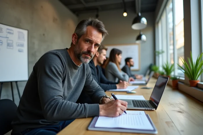 Homme d'une quarantaine d'années participant à un atelier de reconversion professionnelle dans un espace de coworking moderne