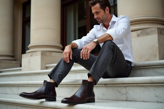 Homme élégant en bottines Chelsea en cuir espresso assis sur des marches en marbre à Paris portant un pantalon en laine anthracite
