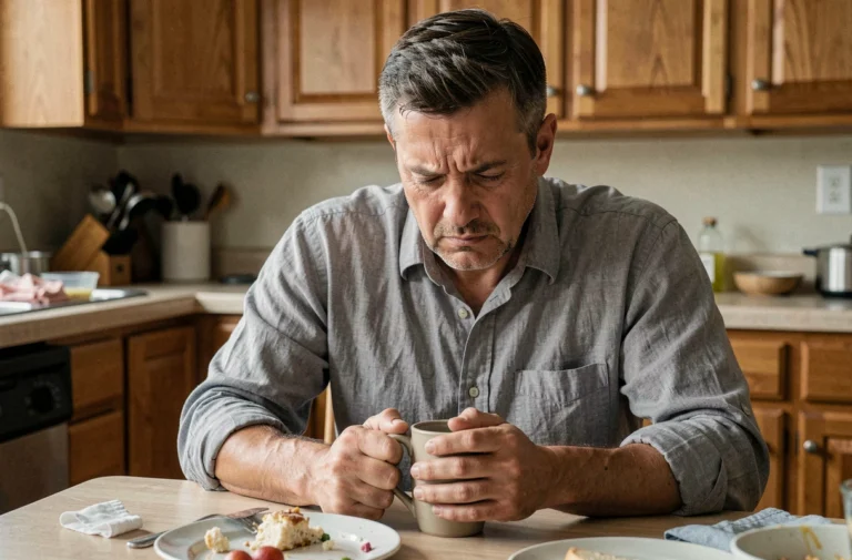 Homme soupe au lait assis seul dans sa cuisine, expression tendue et regard sombre, illustrant une personnalité impulsive et émotionnellement réactive