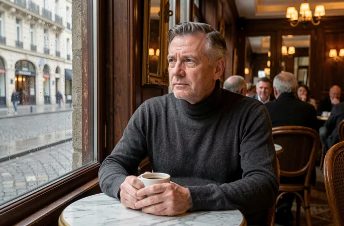 Homme d'âge mûr seul dans un café parisien traditionnel, regard pensif vers la fenêtre, évoquant discrétion et vie privée