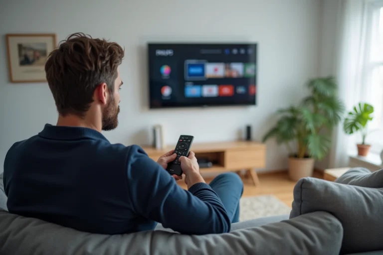 Homme regardant une interface IPTV sur une télévision Philips dans un salon moderne