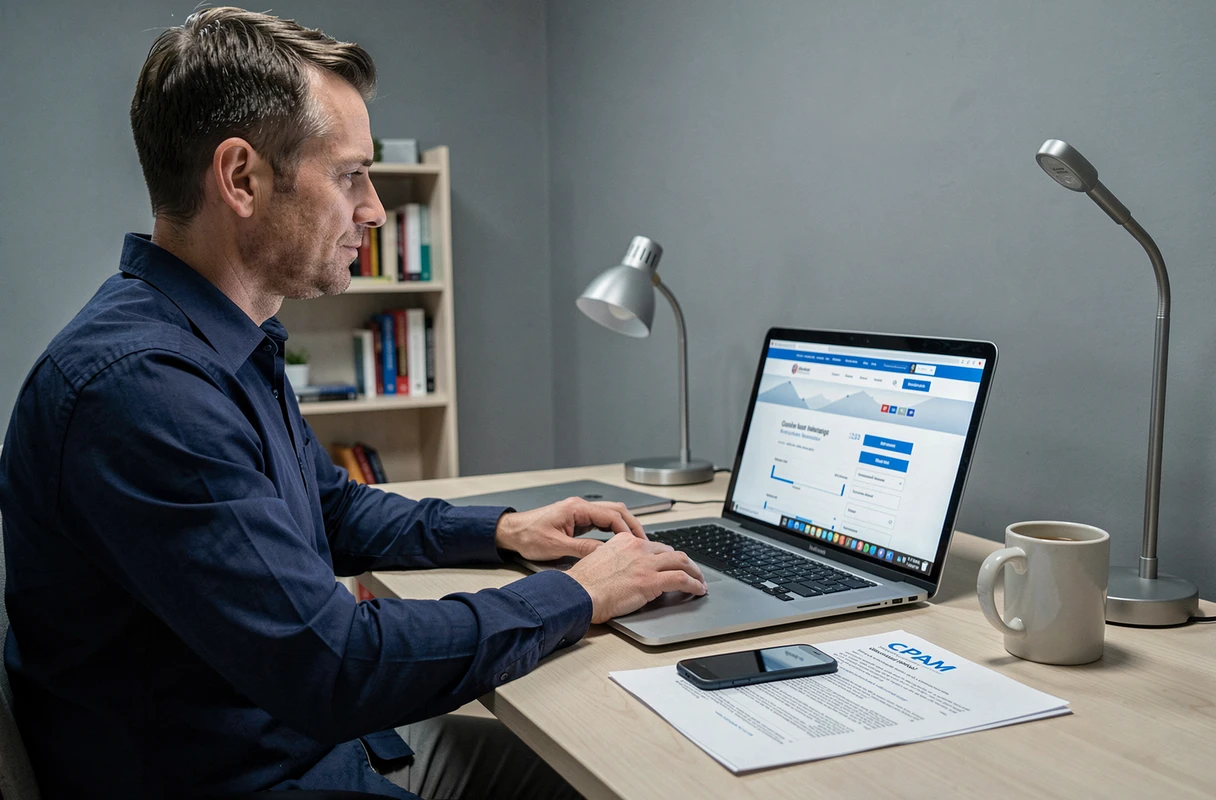 Homme utilisant un ordinateur portable pour trouver des alternatives au 3646 de la CPAM
