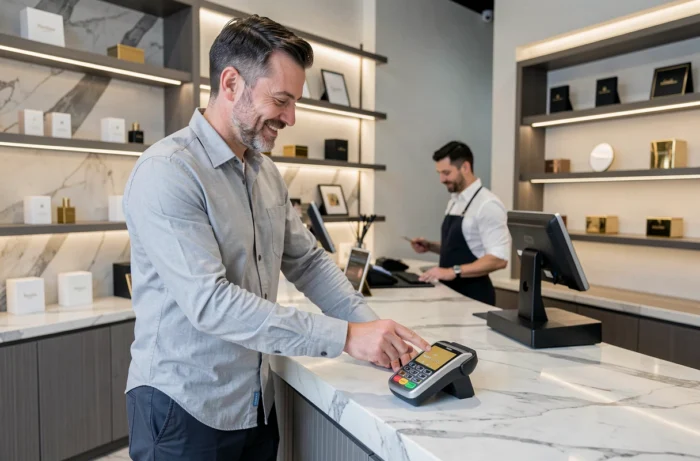 Homme effectuant un paiement sans contact avec la carte Gold Mastercard Crédit Agricole dans une boutique haut de gamme
