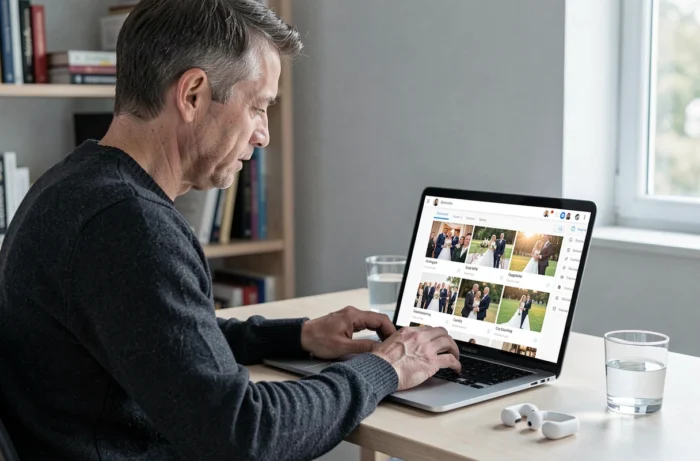 Homme organisant et partageant des photos de mariage depuis un ordinateur portable sur une plateforme de galerie en ligne