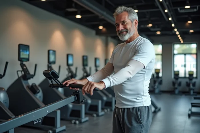 Homme présentant un rameur Marcy dans un magasin de sport spécialisé