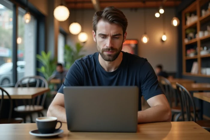 Homme en café cherchant un ancien pseudo Instagram sur un ordinateur portable