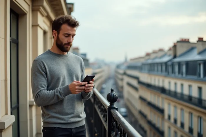 Homme français consultant une plateforme d'actualités innovantes sur smartphone depuis un balcon haussmannien à Paris