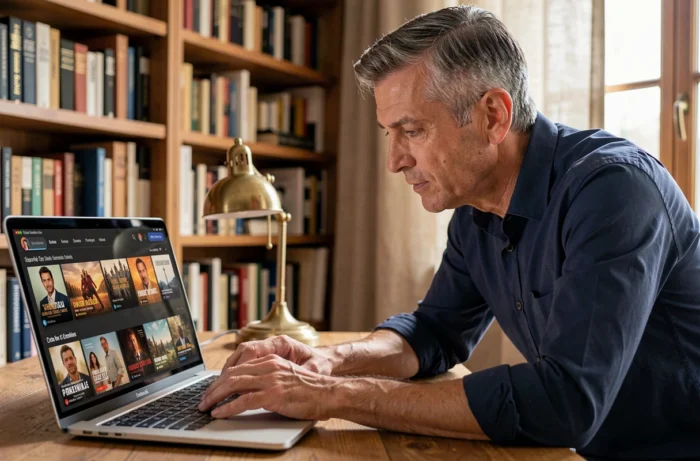 Homme consultant une plateforme de streaming française sur son ordinateur portable dans un bureau à domicile