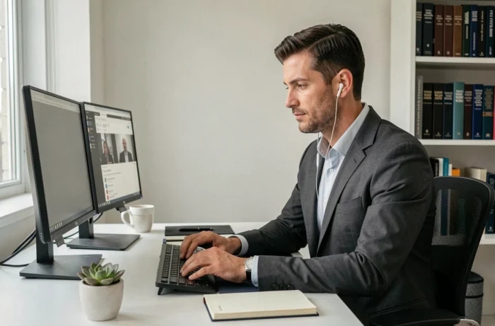 Homme en télétravail concentré sur son bureau à domicile avec double écran, illustrant les nouvelles pratiques professionnelles en 2024
