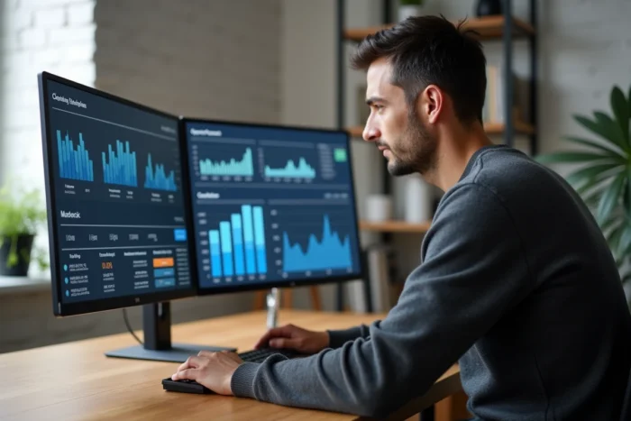 Homme en télétravail concentré devant un poste de travail numérique avec logiciels cloud et analytique de données, symbolisant la digitalisation en entreprise