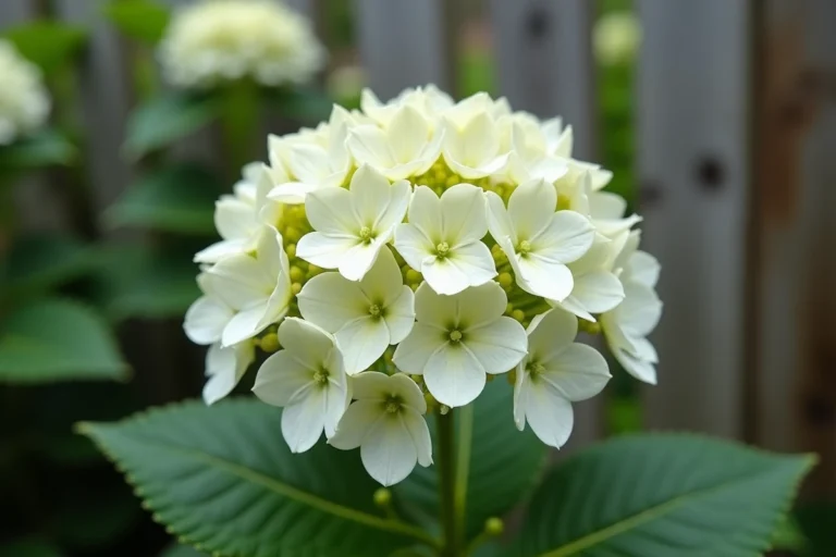 Hortensia blanc dont les fleurs virent progressivement au vert, gros plan sur les sépales avec dégradé de couleur naturel dans un jardin