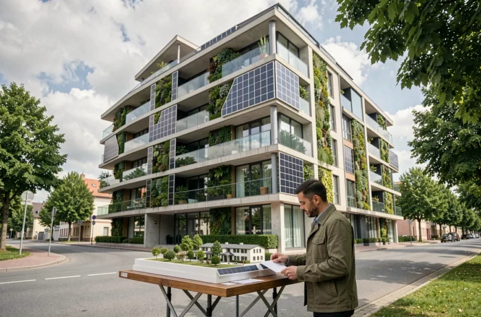 Promoteur immobilier luxembourgeois devant un immeuble résidentiel innovant avec façade végétalisée et panneaux solaires