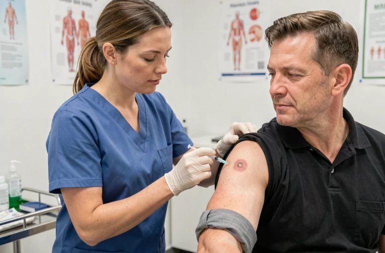 Infirmière administrant un vaccin dans le bras d'un patient adulte montrant une cicatrice de vaccination BCG visible
