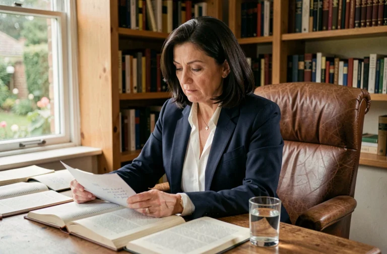 Femme engagée dans ses engagements politiques travaillant à son bureau dans un bureau à domicile chaleureux entouré de livres