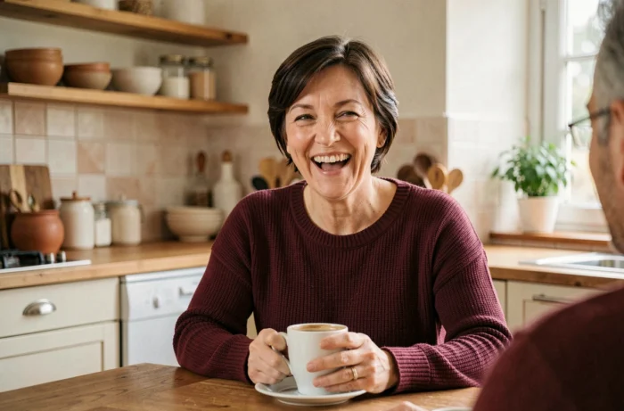 Femme politique en moment de détente familiale dans une cuisine chaleureuse illustrant l'équilibre entre carrière et famille