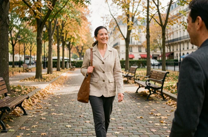 Femme politique se promenant dans un parc parisien en automne symbolisant l'équilibre entre vie publique et vie privée