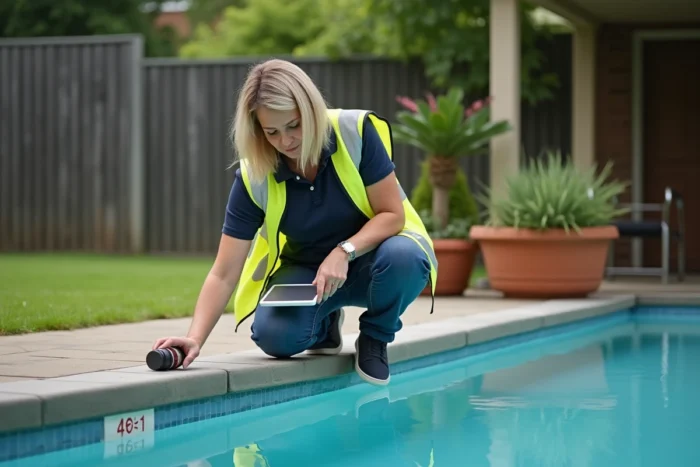 Inspectrice des eaux vérifiant le compteur et les vannes de remplissage d'une piscine résidentielle dans un jardin privé