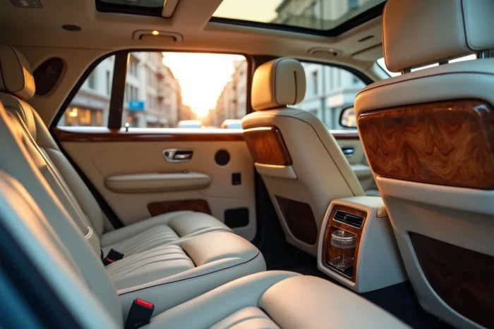 Intérieur luxueux d'une Rolls-Royce Phantom avec sièges en cuir crème et boiseries en noyer