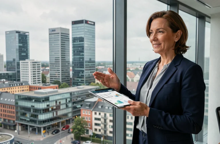Investisseuse immobilière luxembourgeoise avec tablette numérique devant le skyline moderne de Luxembourg-Kirchberg