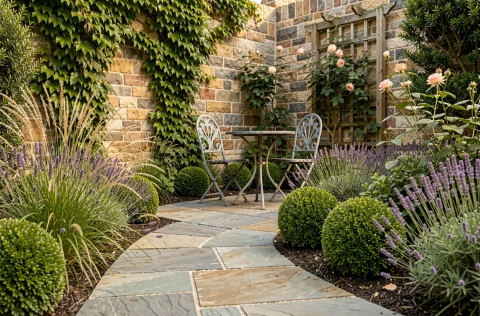 Jardin extérieur aménagé avec allée en pierre, plantes ornementales et salon de jardin en fer forgé