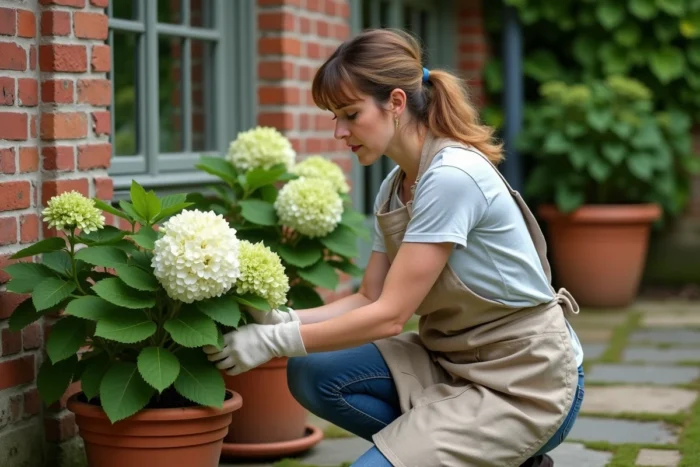 Jardinière inspectant un hortensia blanc devenu vert en pot sur un patio en pierre, scène de jardinage réaliste en extérieur