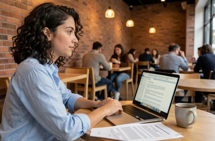 Jeune femme travaillant sur une dissertation de philosophie sur le bonheur dans un café avec son ordinateur portable
