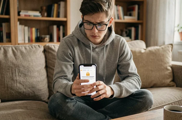 Jeune personne sur un canapé inspectant un avertissement de sécurité sur un site internet via son smartphone