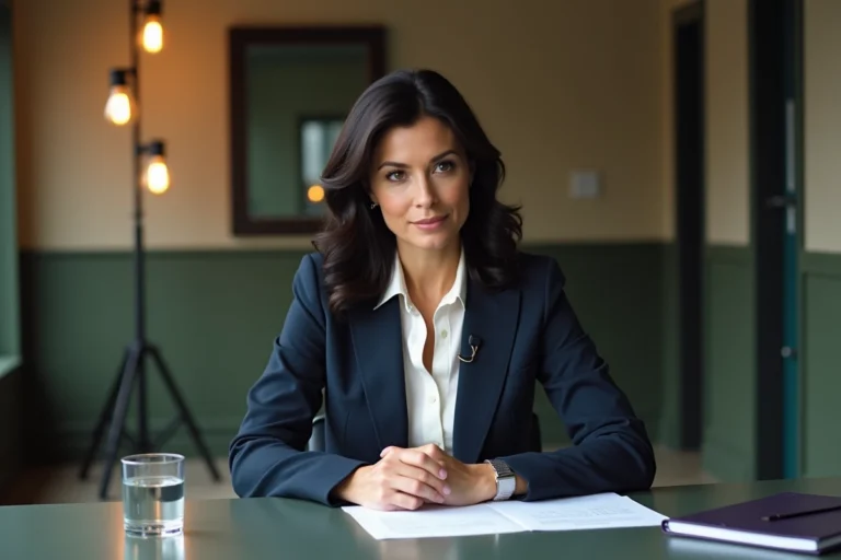 Femme journaliste aux cheveux ondulés bruns assise dans une loge de studio de télévision, consultant ses notes avant un passage à l'antenne