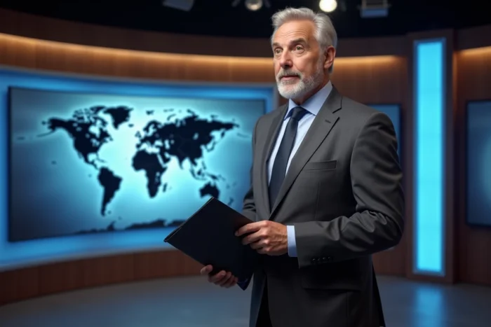 Journaliste homme en costume gris dans un studio de télévision professionnel, tenant un dossier de presse avec une expression concentrée