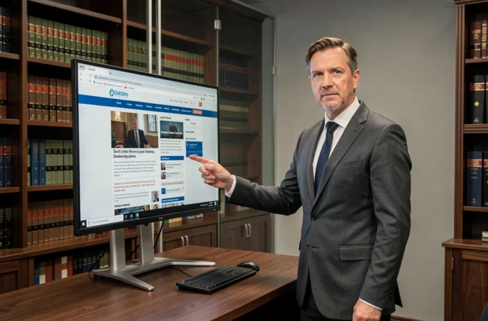Juriste en costume gris consultant les mentions légales obligatoires d'un site d'informations professionnelles dans un cabinet juridique