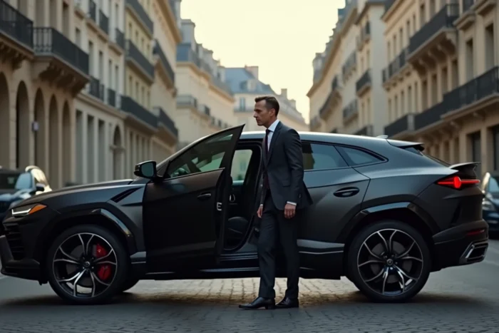 Homme en costume sortant d'un Lamborghini Urus noir mat dans une rue pavée parisienne