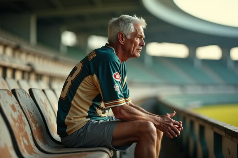 Ancienne légende du sport assise sur un banc de stade vintage, regard pensif vers le terrain, évoquant une carrière historique